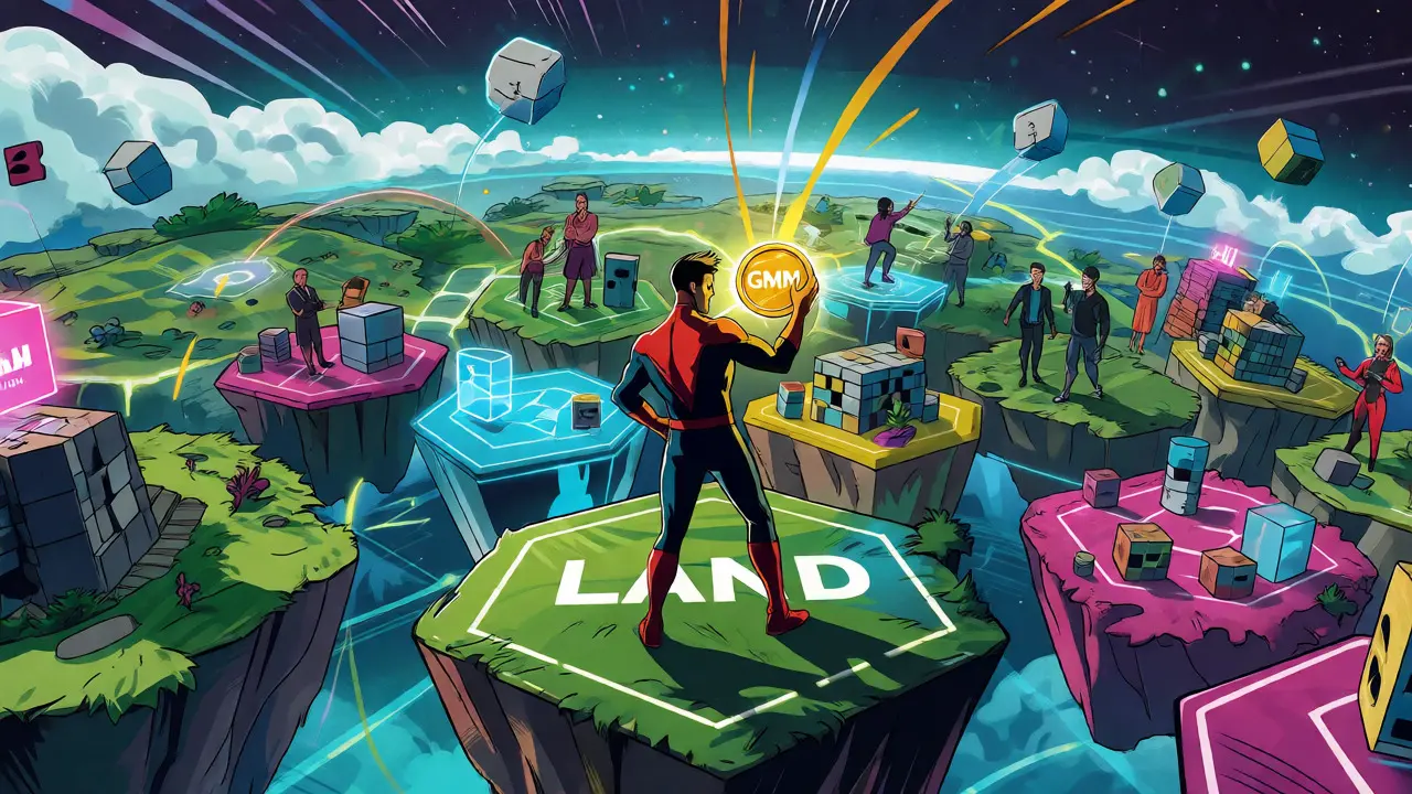 Heroic avatar standing on virtual land in a vibrant metaverse archipelago