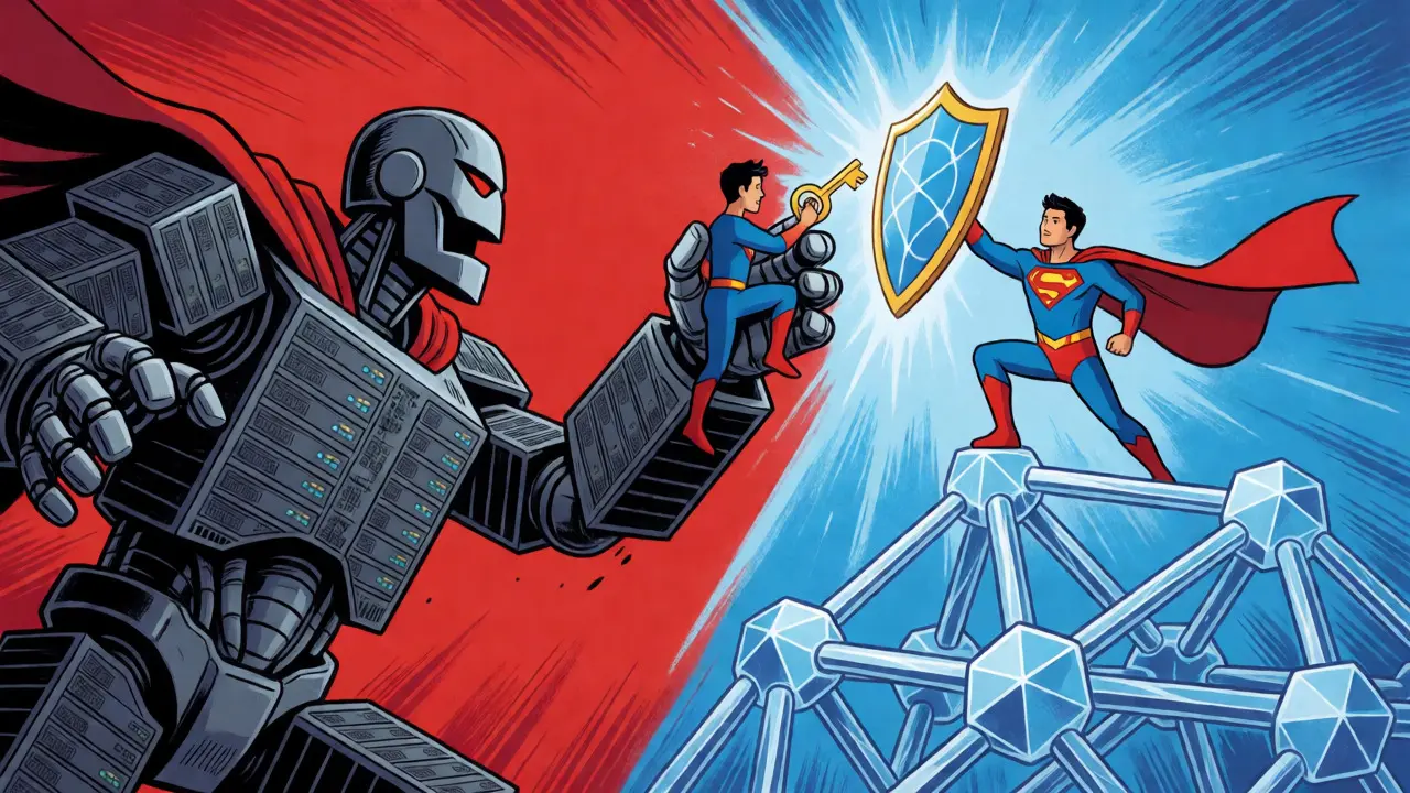 Heroic figure battling a server robot with a shield of cryptographic proofs