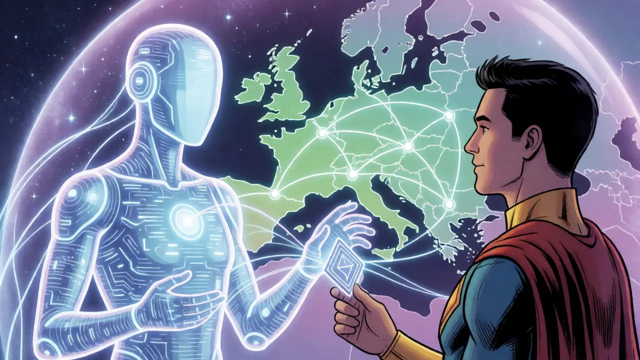 Human and AI avatar protected by blockchain data shields in a futuristic landscape