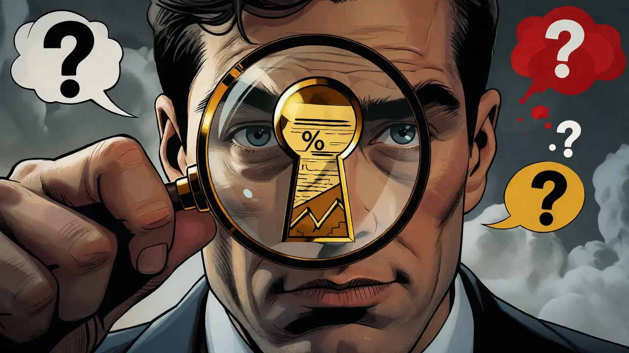 Investor examining hidden risks and yields through a magnifying glass