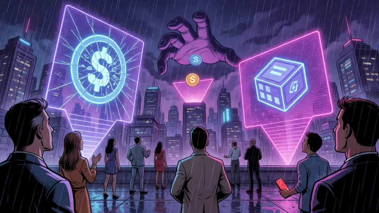 Investors watching holographic warnings about stablecoins and delisting over a city.