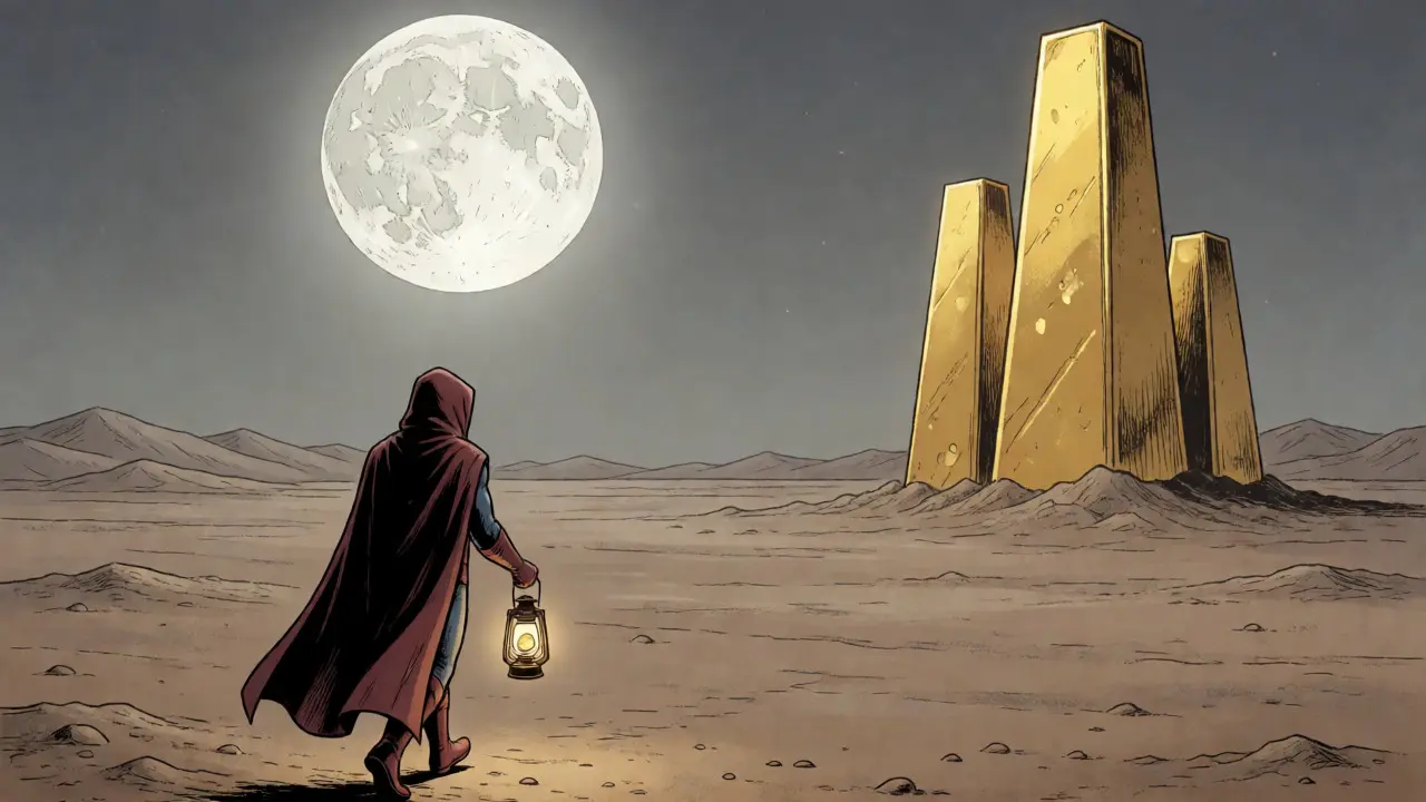 Lone hooded figure carrying a glowing coin across a moonlit desert landscape.