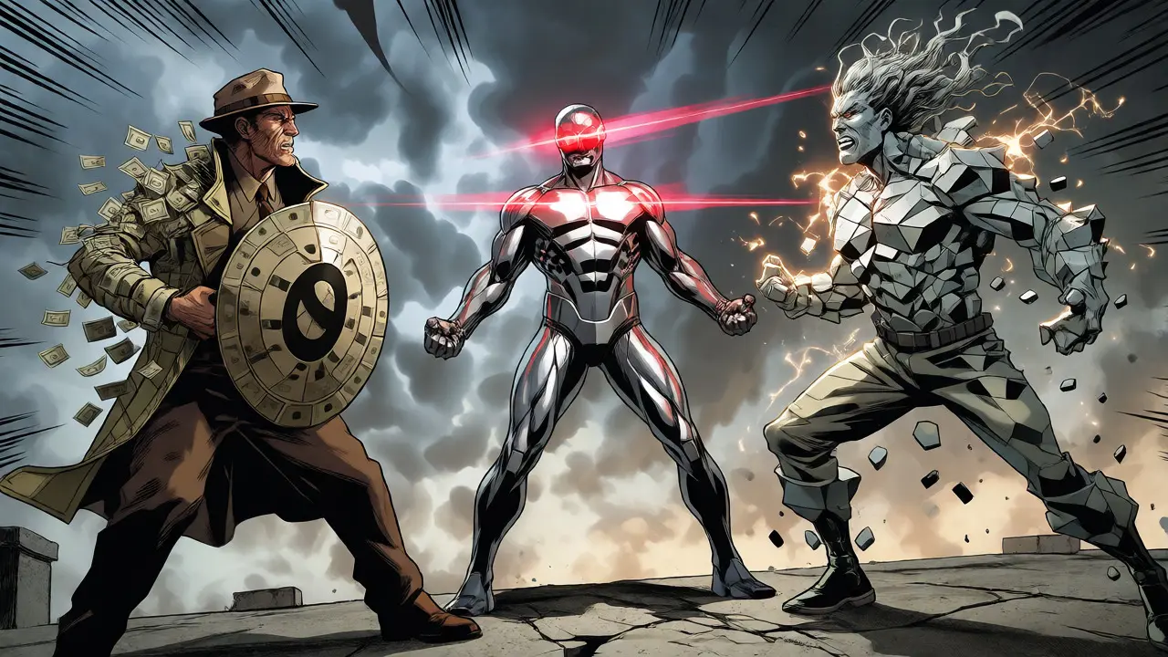 Personified figures of Cash, CBDC, and Crypto facing off on a rooftop in comic style.