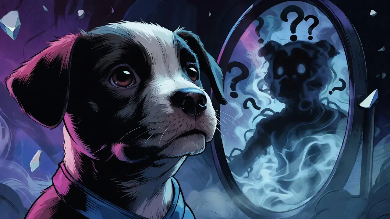Puppy looking at a risky reflection in a mirror