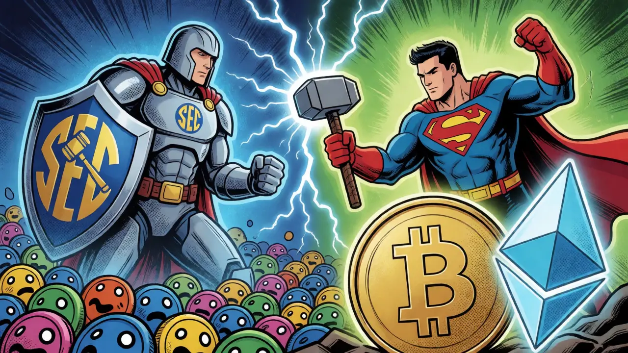 SEC and CFTC figures battling over altcoins versus Bitcoin and Ethereum assets.