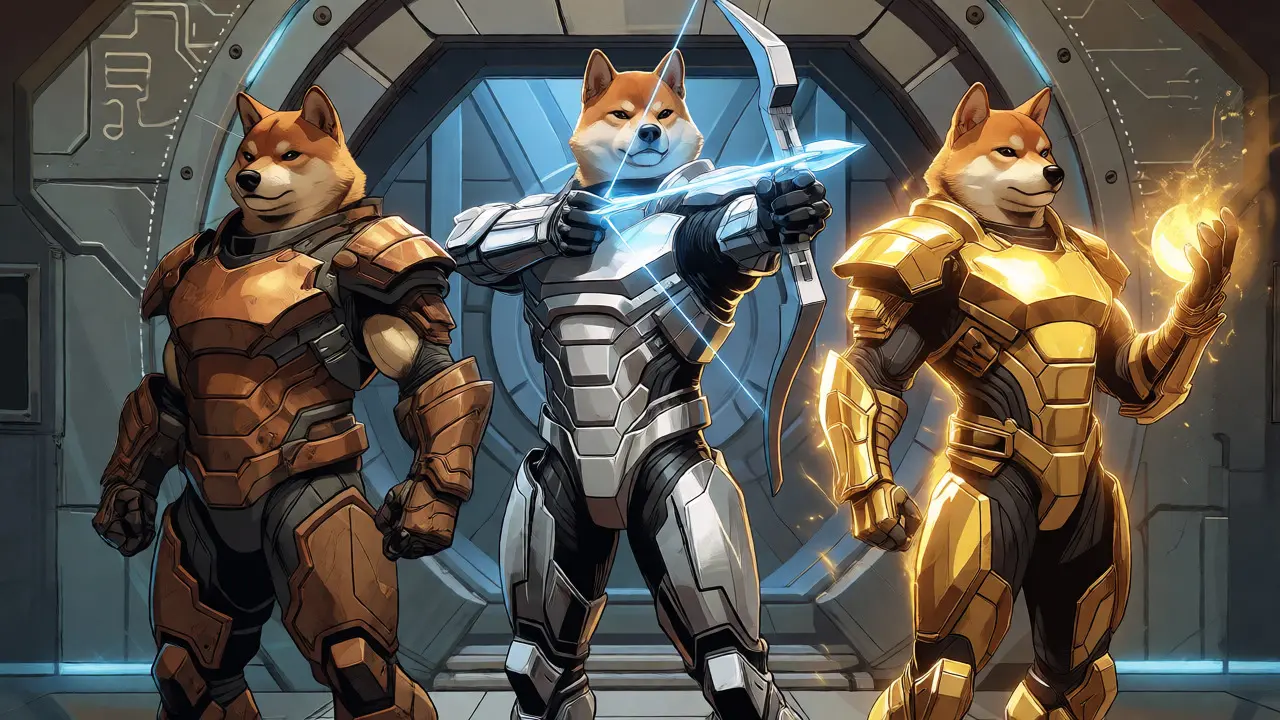 Three armored Shiba Inu warriors representing Bronze, Silver, and Gold NFT tiers.