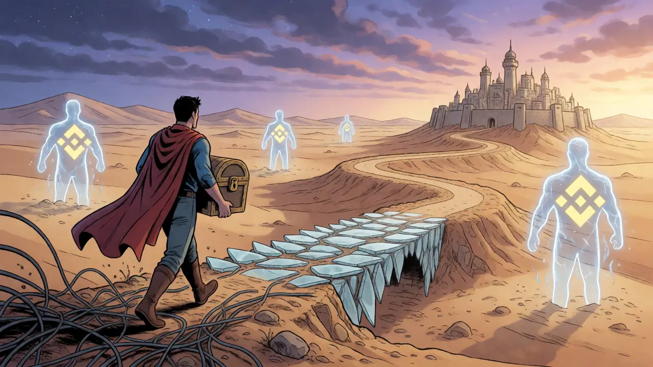 Traveler navigating a difficult path toward the Qatar Financial Centre.