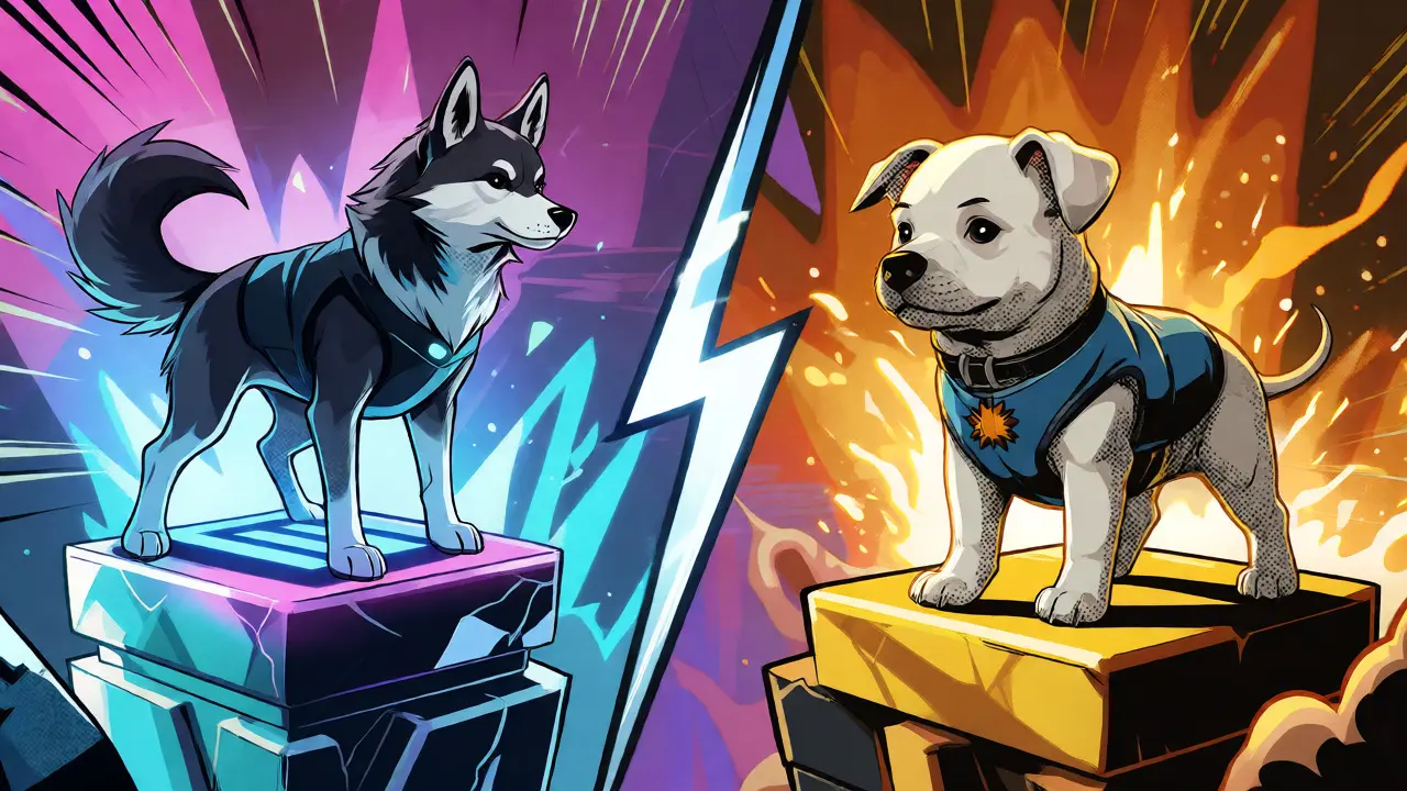 Two dog mascots from different blockchains facing off