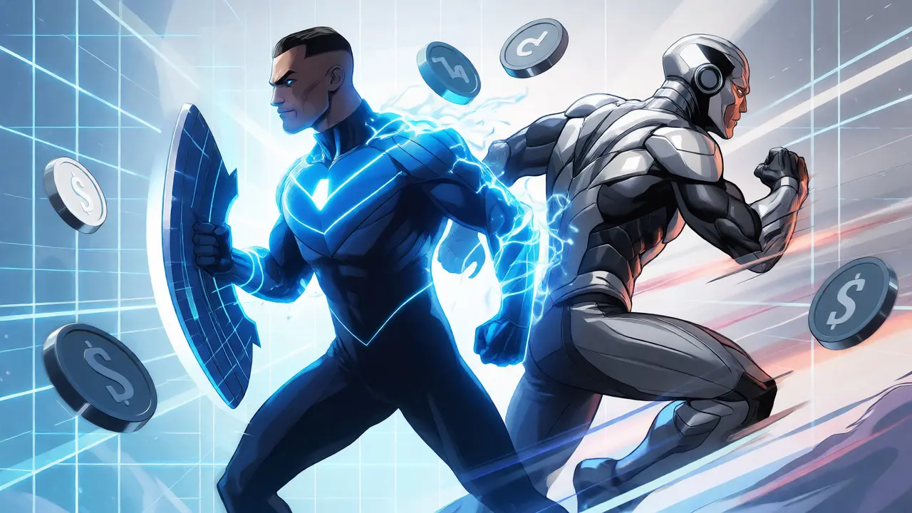 Two superheroes representing Curve Finance and Gnosis Chain exchanging stablecoins smoothly in a bright, futuristic setting.