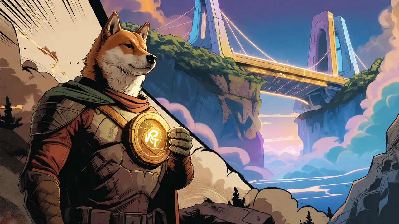 Veteran Shiba Inu holding an NFT looking toward a futuristic Shibarium structure.