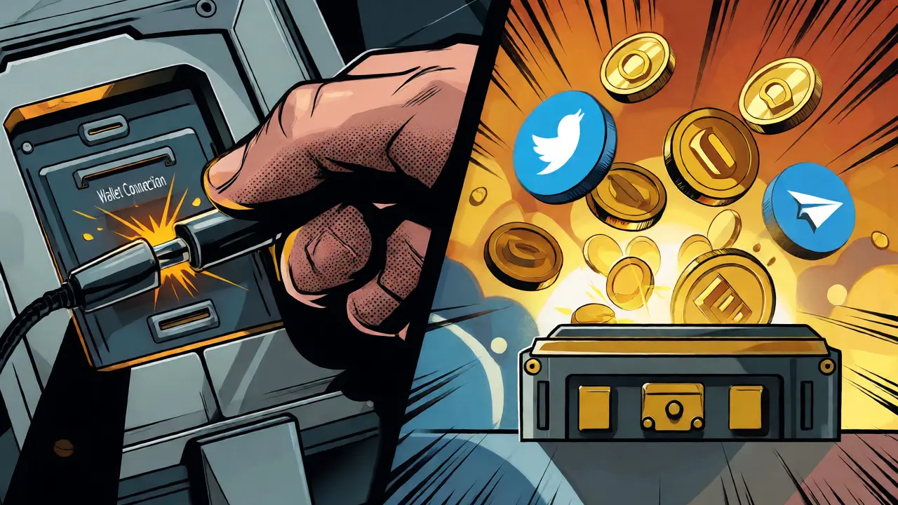 Wallet connection and social verification tasks visualized as earning coins