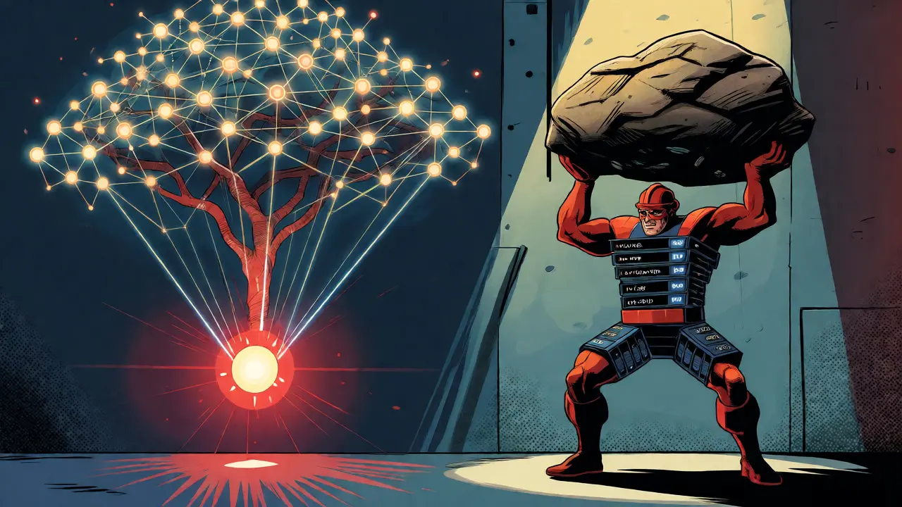 Miner fitting a nonce puzzle next to a glowing Merkle tree